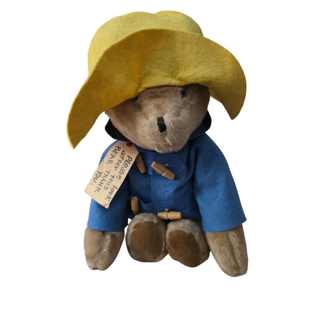 Vtg Eden Toys Paddington Bear Plush Blue Duffle Coat Yellow Hat Tag 70s 19"read